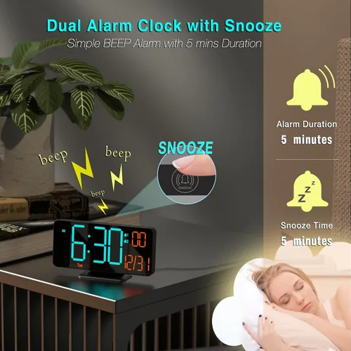 Vista 6 de KOSUMOSU Relojes despertadores para dormitorios, 6.7 pulgadas, pequeño reloj digital negro, LED, reloj despertador de escritorio con atenuación