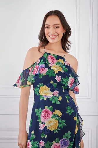 Vista 5 de London Times Vestido largo con hombros descubiertos y cuello halter para mujer, con volantes femeninos, ocasión para invitada de fiesta en el jardín