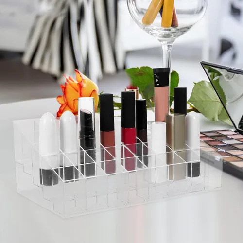 Vista 5 de Housoutil Multi-grid Lipstick Holder and Desktop Lipstick Rack 2pcs 40-slot Acrylic Makeup Organizer for Vanity and Cosmetic Storage at Home