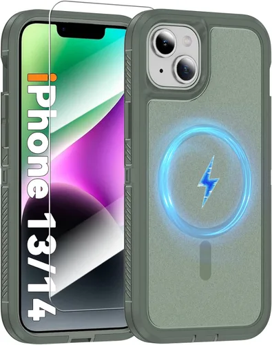 Vista 49 de Funda magnética para iPhone 13/iPhone 14 [compatible con Magsafe] [protector de pantalla de vidrio] [protección de grado militar de doble capa]