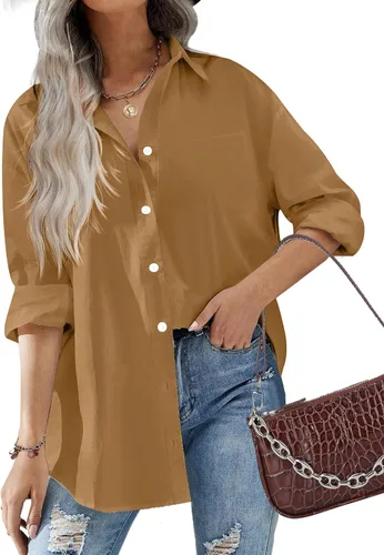 Vista 10 de HOTOUCH Camisas de gran tamaño con botones para mujer, blusa de hombro caída para oficina, de manga larga, estilo novio, camisa de vestir