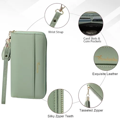 Vista 5 de Travelambo Cartera con borla plegable para mujer, bolso de mano con correa para la muñeca, bolso largo