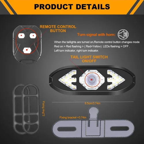 Vista 5 de Luz trasera de bicicleta recargable por USB, luces de giro para bicicleta, luz trasera impermeable de advertencia de seguridad con 2 tipos