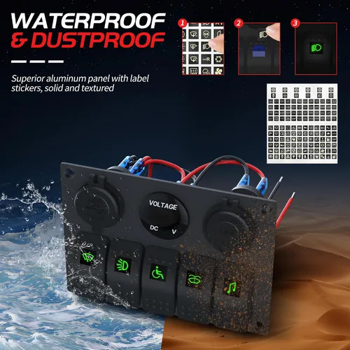 Vista 3 de RVMARINEPAT - Panel de interruptores marinos impermeable de 12 voltios, 5 mandos, interruptor basculante azul con luz, con doble toma USB de 4,8 A