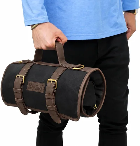 Vista 7 de Barillio Bolsa de barman (sin herramientas) – Elegante lona encerada, bolsa de bar enrollable para transportar herramientas de bar y coctelera