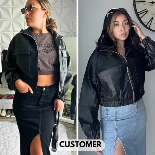 Vista 2 de Byinns Chaqueta de motocicleta con cinturón de piel sintética para mujer, tallas estándar y grandes, chaqueta corta de poliuretano con cremallera