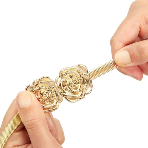 Vista 7 de Juvale Cinturones de cintura metálicos elásticos y ajustados, cinturones de metal dorado y plateado de dos tonos para mujer con patrón de hojas