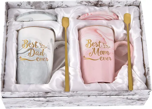 Vista 10 de YHRJWN Regalos para mamá y papá, taza para el mejor papá y mamá, regalos de cumpleaños de Navidad para padres de hija, hijo, juego de regalo