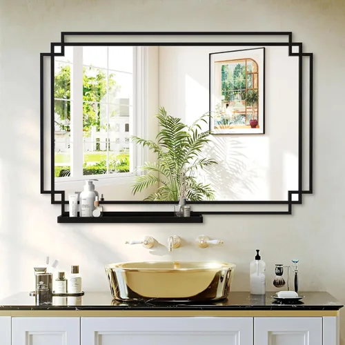 Vista 12 de Espejo de baño con estante, espejo de pared rectangular negro, marco de metal, colgante horizontal o vertical (24 x 20 pulgadas)
