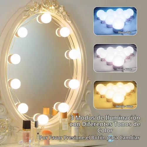 Vista 4 de Luces LED para Espejo de Tocador, Luces de Tocador para Iluminación de Espejo de Maquillaje, 10 Bombillas Regulables, Color de Luz y Brillo