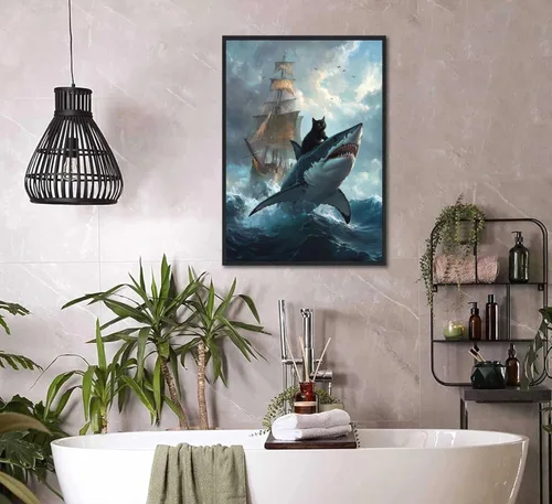 Vista 6 de Marco negro de dibujos animados lindo gato negro arte de pared retro gato negro contra tiburón, divertido póster con impresión de gato extravagante