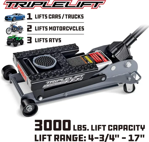 Vista 2 de Powerbuilt Gato de garaje de triple elevación de 3000 libras, vehículo resistente, camión, automóvil, motocicleta, elevación de transmisión