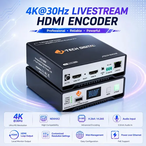 Vista 2 de J-Tech Digital Codificador de vídeo HDMI H.264 H.265 IPTV codificador de vídeo en red 4K 30Hz con NDI, audio incrustado, PoE, admite protocolos UDP