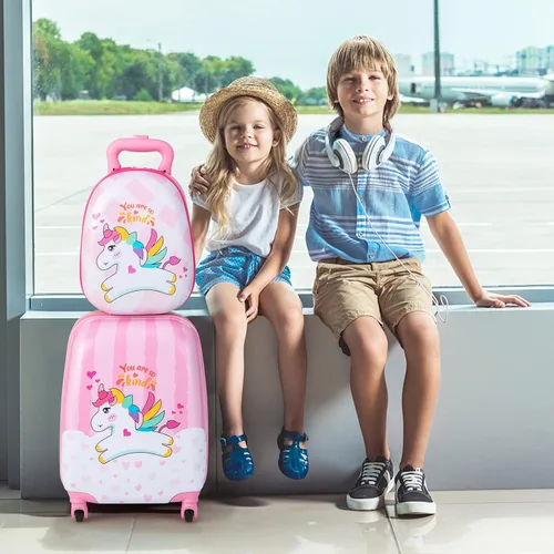 Vista 2 de BABY JOY Juego de equipaje para niños de 2 piezas, maleta de mano de 16 pulgadas y mochila de 12 pulgadas, estuche de viaje para niños con 4 ruedas
