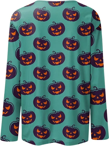 Vista 4 de Camisetas de Halloween de talla grande para mujer, camisetas de manga larga para otoño, lindas y divertidas camisetas de calabaza con fantasma Jack