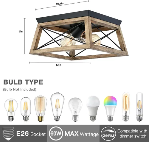 Vista 3 de 9MMML Lámpara de techo de madera empotrada – Lámpara de techo de granja de 12 pulgadas para sala de estar, comedor, dormitorio, entrada, cocina