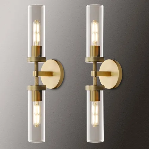 Vista 12 de Lámparas de Pared de Latón Dorado de 2 Luces con Textura Estriada, Lámparas de Pared de Vidrio Doble de 30 Pulgadas, Lámparas de Pared para Tocador