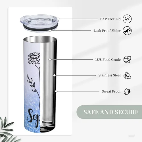 Vista 7 de Regalos personalizados para mujeres, vaso delgado personalizado con nombre, flor de nacimiento, vaso aislado personalizado con tapa y pajita, regalo