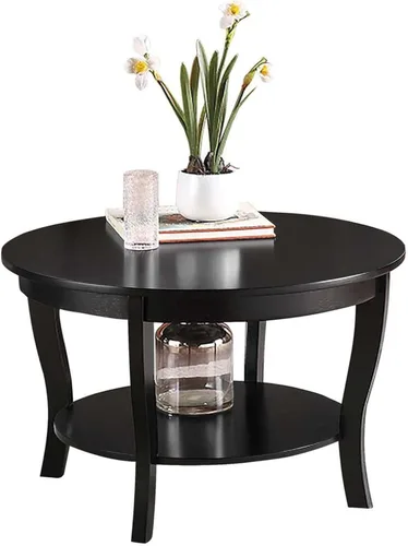 Vista 3 de HomeStock Global Greatness - Mesa auxiliar redonda con estante, acabado de madera, mesa de estilo clásico de transición, estantería espaciosa de dos