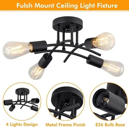 Vista 6 de Lámpara industrial de techo semiempotrada de 4 luces, moderna lámpara negra para cerca del techo, lámpara de araña con base E26, lámpara colgante