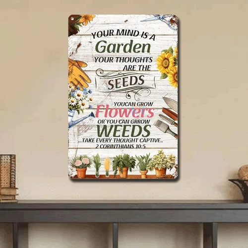 Vista 4 de Letrero de metal, letrero de hojalata vintage, arte de pared con texto en inglés "Garden Your Mind Love", arte de pared para jardín, jardín, regalo