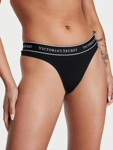 Vista 2 de Victoria's Secret Paquete de bragas de algodón con logotipo, ropa interior para mujer, paquete de 4, negro (M), Negro