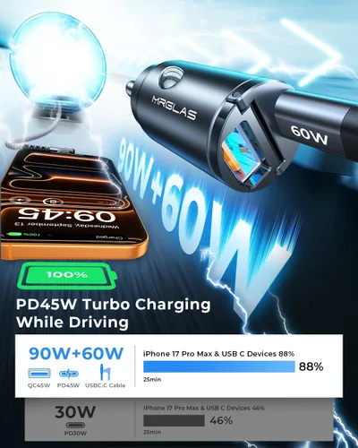 Vista 9 de 90W rápido iPhone 18/17 Pro Max cargador de coche USB C carga rápida con Negro