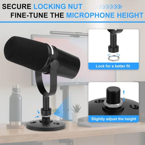 Vista 4 de Soporte de micrófono de escritorio para Shure MV7/MV7+, base de micrófono desmontable de perfil bajo premium con tuerca de bloqueo, soporte