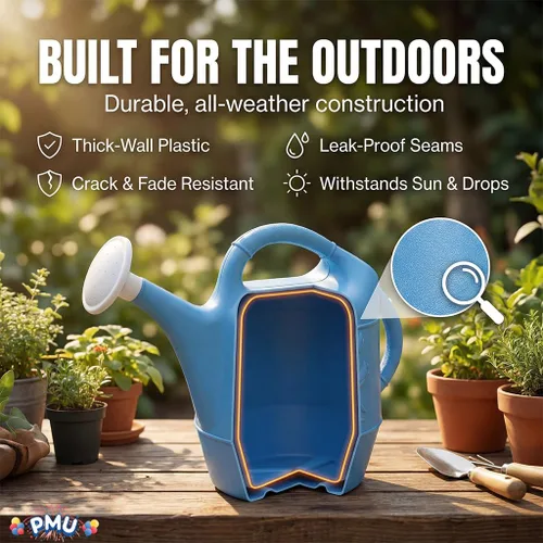 Vista 4 de PMU Regadera de 2 galones, regadera de jardín para plantas de interior y exterior, lata de agua de plástico con cabezal de rociador desmontable Azul