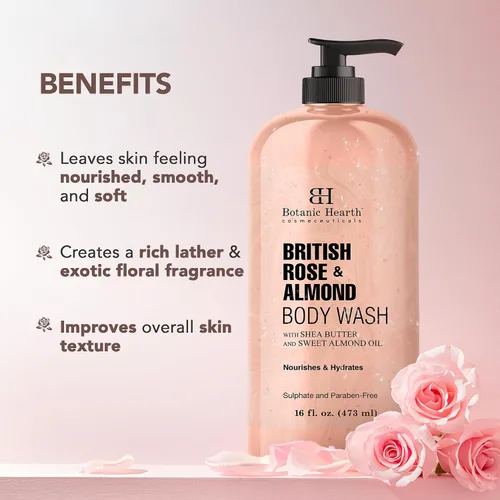 Vista 2 de Botanic Hearth Gel de ducha British Rose & Almond – Gel de ducha hidratante con manteca de karité, limpiador suave y rehidratante, libre de sulfatos