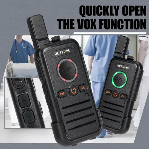 Vista 5 de Retevis RB45 Walkie Talkies - Paquete de 8 unidades, radio bidireccional recargable de largo alcance, doble PTT, indicador, sonido fuerte, mini