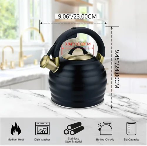 Vista 5 de Tetera de Té para Estufa Superior con Silbato, Tetera de 3.2 Quarts de Acero Inoxidable con Asa Ergonómica Resistente al Calor