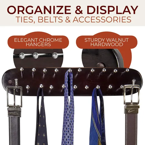 Vista 8 de Richards Homewares - Estante de corbata montado en la pared, organizador de corbata de madera para armario, 21 ganchos cromados, almacenamiento