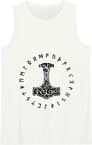 Vista 8 de Camiseta sin mangas vikingo nórdico Thors Hammer Mjolnir Elder Futhark Runes, Azul Blanco