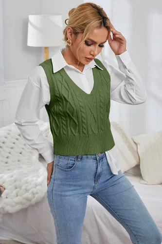Vista 4 de Aoysky Suéter chaleco con cuello en V para mujer, sin mangas, suéter de punto trenzado, color sólido, sin mangas, ajuste holgado