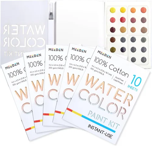Vista 9 de MEEDEN Juego de pintura de acuarela, suministros de pintura de 24 colores con 10 papeles de acuarela y pincel, kit de pintura artística portátil