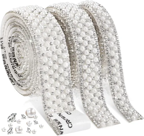 Vista 8 de Outus 3 rollos de calcomanías de perlas, cinta autoadhesiva con diamantes de imitación, tiras de cinta de cristal, para manualidades, boda