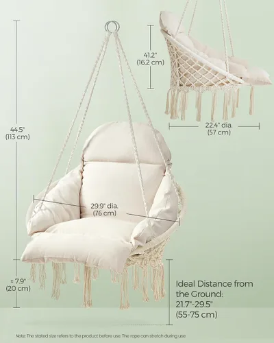Vista 3 de SONGMICS UGDC042M01 - Silla colgante, hamaca con cojín grande y grueso, silla columpio bohemia para dormitorio, patio, balcón, jardín, soporta hasta