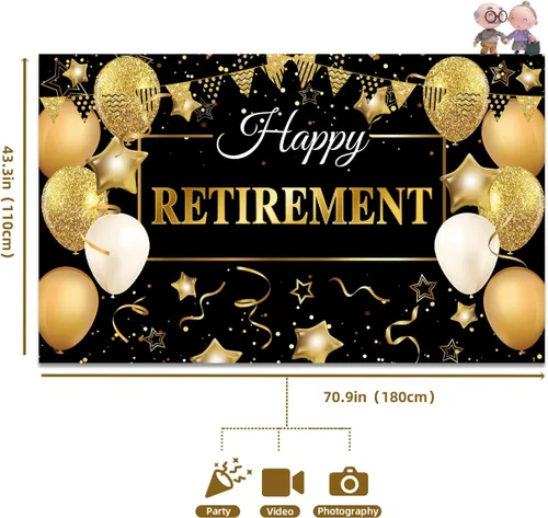 Vista 2 de GEMLORD Decoraciones de fiesta de jubilación con texto en inglés «Happy Retirement» de tela grande, telón de fondo negro y dorado con cuerda