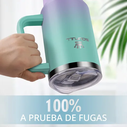 Vista 3 de Vaso de 40 onzas con asa y tapa con popote, taza de café de viaje 100% a prueba de fugas, taza aislada de acero inoxidable para bebidas frías