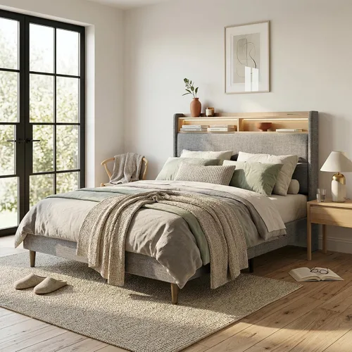 Vista 9 de Base de cama matrimonial con cabecera de almacenamiento con respaldo alado de 51.8 pulgadas, plataforma tapizada gris con estación de carga (tipo C)