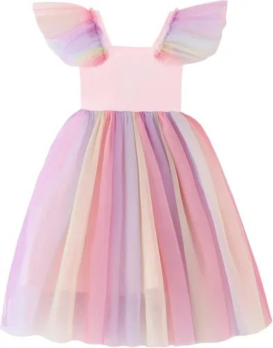 Vista 3 de Vestido tutú para niñas pequeñas, con mangas con vuelo, sin mangas, vestido de tul de princesa, vestido de fiesta vintage para niñas pequeñas