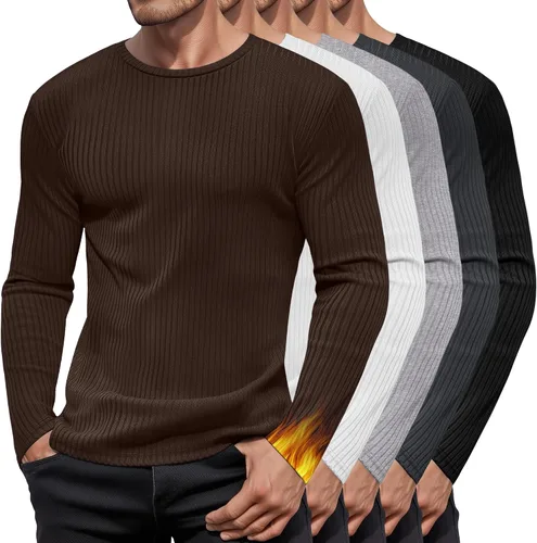 Vista 8 de Paquete de 5 camisas térmicas de algodón para hombre, manga larga, acanaladas, cuello redondo, ajustadas, suéter casual