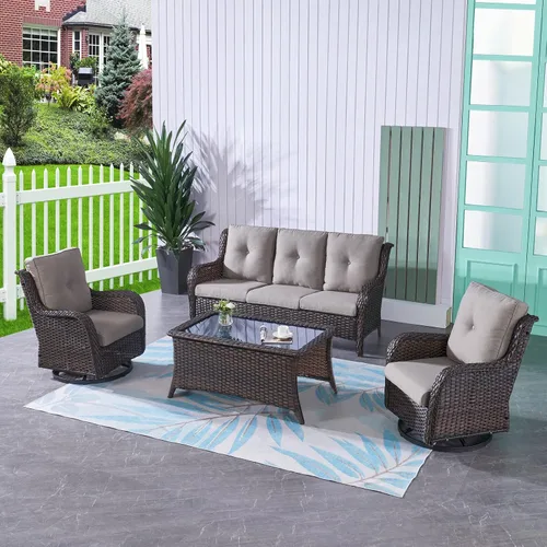 Vista 89 de HUMMUH Juego de 2 Sillas Giratorias Mecedoras de Mimbre para Patio Exterior, Juego de Muebles de Sillas Mecedoras de Ratán (Marrón, Azul) 50,000