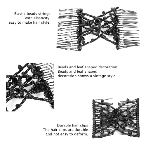 Vista 4 de Juego de pinzas y peines para el cabello de perlas – clips dobles elásticos elásticos, peines mágicos, herramienta de peinado de cabello DIY (negro)