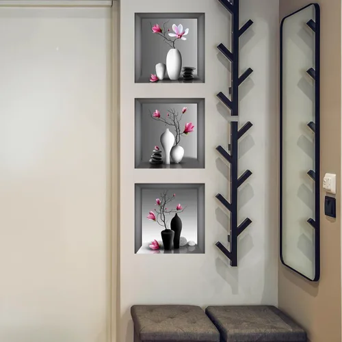 Vista 5 de Calcomanías de pared de jarrón 3D, calcomanías de pared de flores estéreo, decoración floral creativa, decoración de pared extraíble, murales