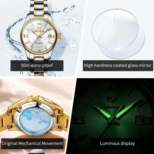 Vista 6 de OLEVS Relojes automáticos de mujer con diamantes Tourbillon vestido de pulsera fase lunar impermeable luminoso