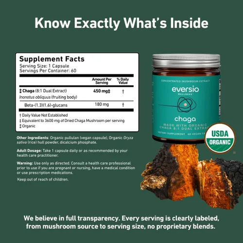 Vista 3 de PROTECT NOW Suplemento orgánico de hongos Chaga – Extracto DUAL 8:1 en 60 cápsulas veganas (450 mg) 60 porciones – Chaga orgánica cosechada