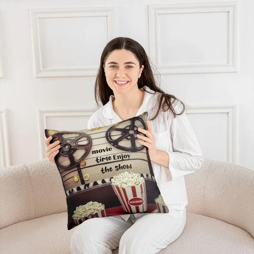 Vista 3 de Homewish Theater Cinema Poster Throw Pillow Covers (Pack of 1),Retro Movie Cushion Cover for Kids Boys Teens Popcorn Pillow Cases Movie Night Living