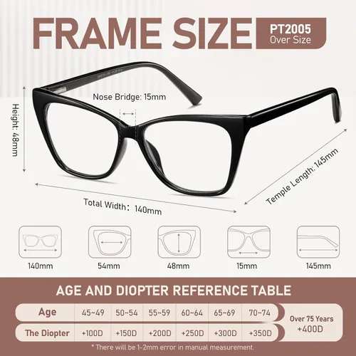 Vista 6 de Gafas de lectura de gran tamaño para mujer, estilo ojo de gato, luz azul, lector de computadora, diseñador, moda, bisagra, gafas PT2005